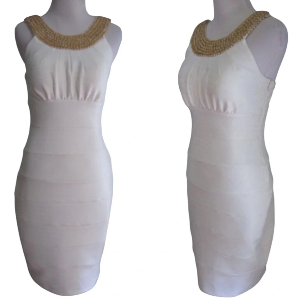 Cachet Gold Beaded Neckline Bodycon ivory Dress ‎ Sleeveless Size Small